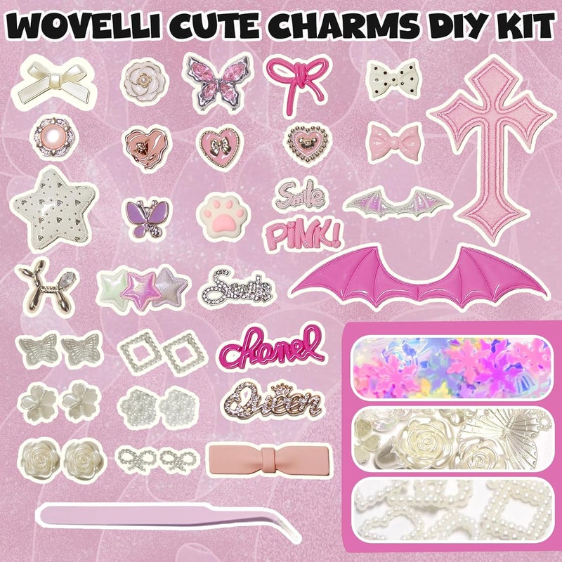 Wovelli Junk Phone Case Making Kit: Big Cute Pink Bow Charms Resin Flatback Pearls Rhinestone Letters for Phone Case, Nail Bling Charm, Decorating Kit for Girls Adults - Image 4